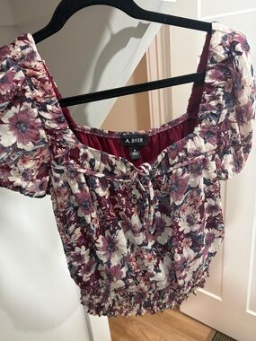 A. Byer Burgundy Floral Tie-Front Crop Top